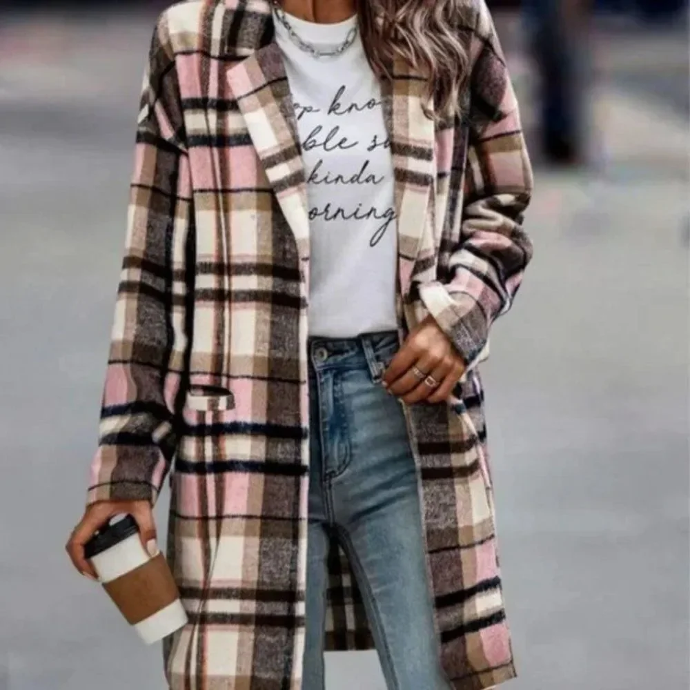 New Double Pocket Lapel Neck Plaid print Casual Overcoat Jacket - Picture 4 of 7